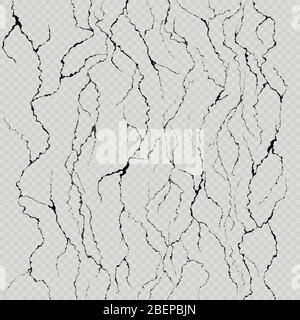 Set of seven realistic wall cracks. Easily for color change. Isolated on light transparent background. EPS 10 Stock Vector