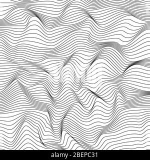 Abstract dynamical rippled surface. Black and white wireframe wavy stripes. EPS 10 Stock Vector