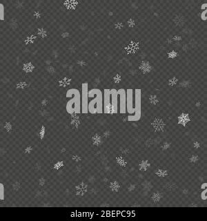 Transparent glitter Christmas eve snowfall effect for Christmas and New Year Design with snowflakes. Falling shining snow in different shapes and Stock Vector