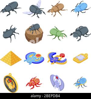 Scarab beetle icons set, isometric style Stock Vector