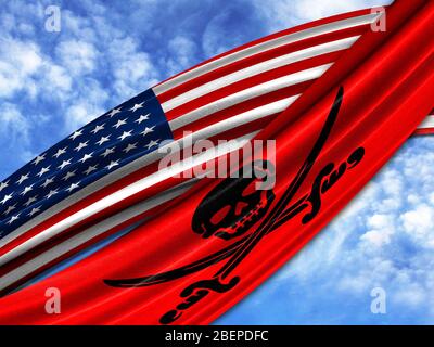 flag of America with Pirates red flag on sky background Stock Photo