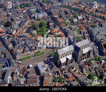 Haarlem, Holland, May 14 - 1992: Historical aerial photo of the Grote Kerk or St.Bavokerk, a Reformed Protestant church and former Catholic cathedral Stock Photo