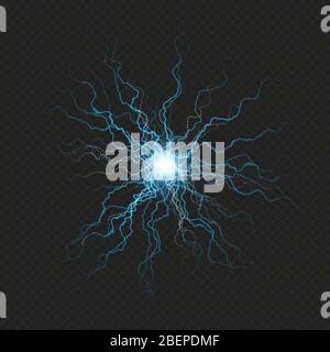 Lightning flash discharge of electricity on transparent background. Blue electrical visual effect. EPS 10 Stock Vector