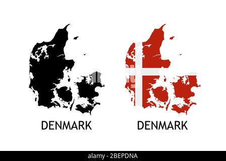 Silhouette of Denmark black color and colored in National Flag - Vector illustrations isolated on white Stock Vector