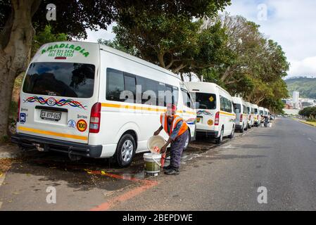 A cleaner washes a taxi at midday. The taxis are parked up waiting for the evening rush hour. They are parked in a side street close to the town centre in Cape Town, South Africa. These Toyota HiAce models are very popular and provide cheap transport. Stock Photo