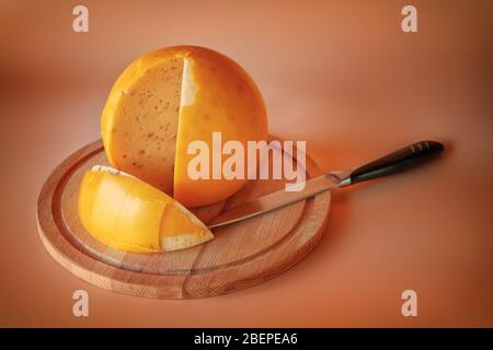Big round cheese head on a wooden board with a sliced piece. Food theme still life on beige background Stock Photo