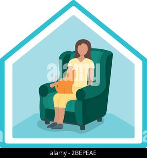 Woman sitting on armchair with cat in arms, female character rest, relax. Isolated on white, flat vector illustration. Girl sleeping on cushioned armc Stock Vector