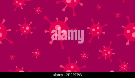 Coronavirus or Flu Virus Seamless Background in red pink color. Vector looped Texture illustration in Cartoon Flat style for design of Web site or Pla Stock Vector
