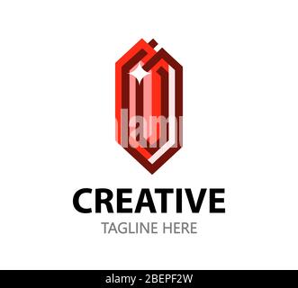 Jewelry Logo template in creative Graphic style. Red Ruby Crystal on white with Title of Company and Slogan. Stock Vector