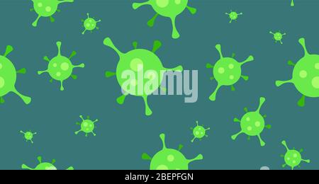 Virus Seamless Background green color. Coronavirus Covid-19 or Flu viruses in Cartoon Flat vector Texture for design of Web site or Placard Stock Vector