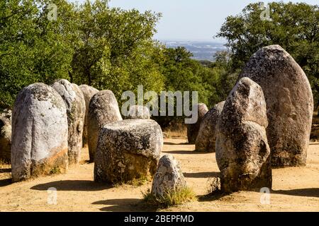 Megalithic Complex of Almendres Cromlech, Évora, Portugal Stock Photo