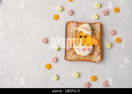 Easter egg in the hole toast with chick Stock Photo