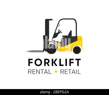 Forklift Logo illustration for Retail Shop, Rental or Repair equipment. Classic Yellow machine vector illustration with Title and Tagline isolated on Stock Vector