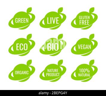 Green organic Vegan Food Logo labels and Tags - Vegetarian eco green concept Stock Vector
