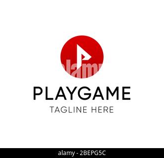 PLAYGAME Logotype - Vector Emblem Template for Video Hosting or Web Site with a Similar Name starting with P, Round Red Symbol. Stock Vector