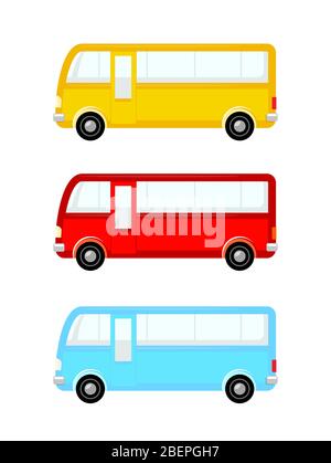 Bus icon set different colors. Vector Colorful Travel Passenger Autobus side view. Stock Vector