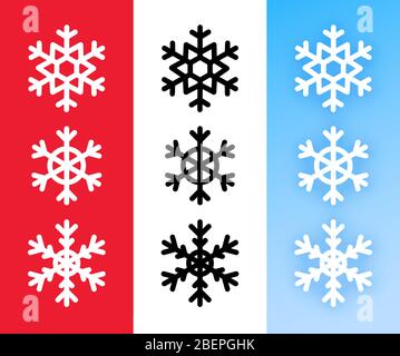 Snowflake icon set for Christmas holiday decoration. Vector Line art abstract symbols of snowflakes on red, white and blue color. Stock Vector