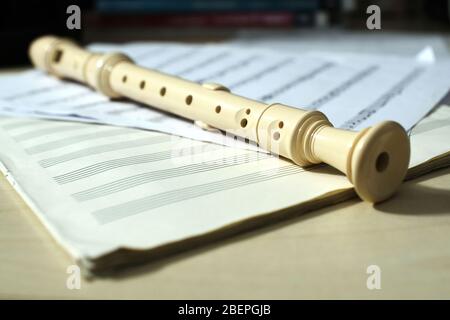 Plastic flute on music sheets Stock Photo