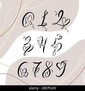 Handwritten heart calligraphy monogram numbers. Valentine Cursive font with flourishes heart font. Isolated numbers for wedding, decorative graphic