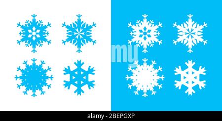 Snowflake icon set white and blue color. Christmas and winter theme. Simple flat graphic abstract illustration on white and blue background. Stock Vector