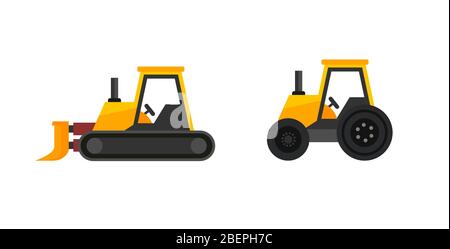 Tractor icon isolated on white, Set of Vector yellow farm and industrial Trucks. Stock Vector