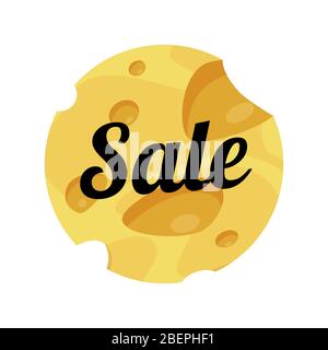 Cheese Sale label round shape on white background. Vector illustration of Holed Maasdam Cheese with caption for Sale. Stock Vector