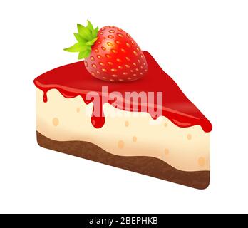 Cheesecake with Strawberry, Piece of dessert cake Cake. Vector Icon illustration of realistic pastry. Stock Vector