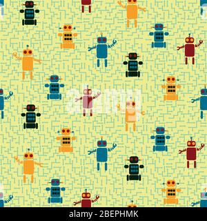colorful robots seamless vector pattern on yellow Stock Vector