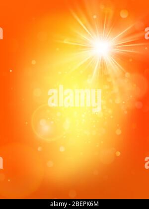 Summer sunny hot orange template with burst and lens flare. Warm sun light. EPS 10 Stock Vector