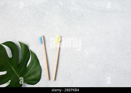 Bamboo toothbrushes and green leafs on light stone table. Zero waste concept for self-care . Plastic-free, organic Stock Photo