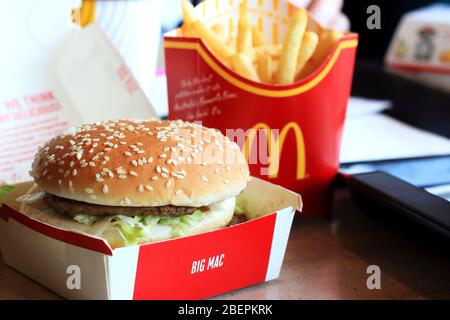 Close up of Australian McDonald's  Big Mac and potato fries Stock Photo