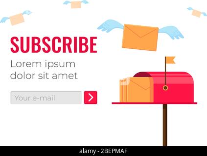 Design template for email subscribe. Red mailbox with flying letter envelopes and website or app newsletter subscription interface form. Vector flat illustration Stock Vector