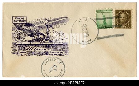 The USA - 22 January 1942: US historical envelope: cover with a navy cachet Famous ancestors, USS Oregon, 1898, Santiago bay, passed by naval censor Stock Photo