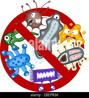 Stop spread virus sign. Cartoon germ characters isolated vector eps illustration on white background. Cute fly bacteria infection character. Microbe viruses and diseases protection concept Stock Vector