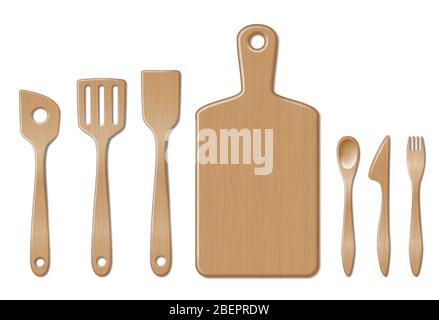 Bamboo kitchen utensils set isolated on white. Kitchenware set with spoon, fork dinner knife and flat plate, platter. Wooden kitchenware utensils Stock Vector