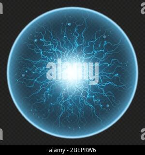 Ball with charged energy elementary particle, glowing lightning, electric element. Isolated on transparent background. EPS 10 Stock Vector
