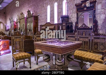 Islamic furniture exhibits at the Sheikh Faisal Bin Qassim Al-Thani private museum in Al-Samriya, Qatar. Stock Photo