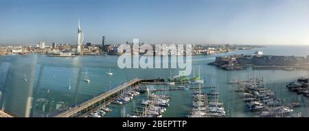 Panorama of Portsmouth Harbour entrance, taking from Seaward Tower in Gosport, , Hampshire, England, UK, with window reflections on the water Stock Photo