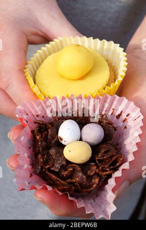 Lemon Simnel & Chocolate Easter Cupcakes Stock Photo