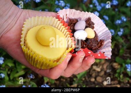 Lemon Simnel & Chocolate Easter Cupcakes Stock Photo
