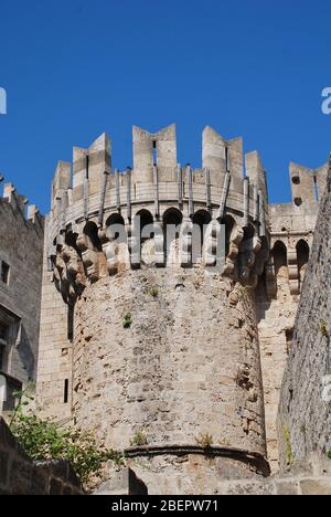 A turret on the medieval fortified wall in Rhodes Old Town on the Greek island of Rhodes. Stock Photo