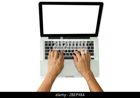 woman hands typing on a computer keyboard laptop on a white background.Clipping path Stock Photo