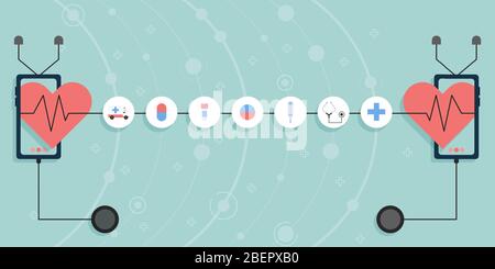 Concept medical services vector illustration with medical flat icon. Red hearts with pulse waves and stethoscopes on smartphones. Stock Vector