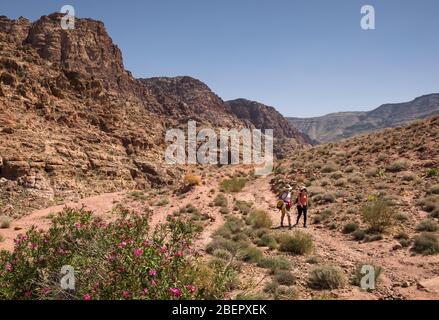 Two female hikers walking along the Wadi Dana Trail in the Dana Biosphere Reserve, Jordan Stock Photo