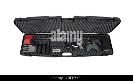 Modern automatic carbine with a collimator sight in a plastic case isolate on a white background. Weapons and necessary accessories to it in a durable Stock Photo