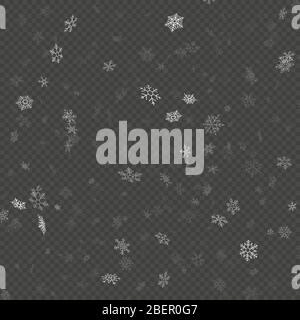Transparent glitter Christmas eve snowfall effect for Christmas and New Year Design with snowflakes. Falling shining snow in different shapes and Stock Vector