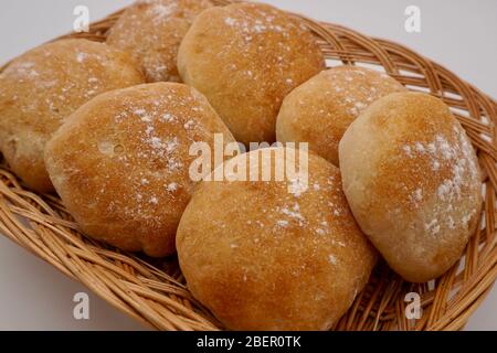Homemade bread rolls in a basket Stock Photo