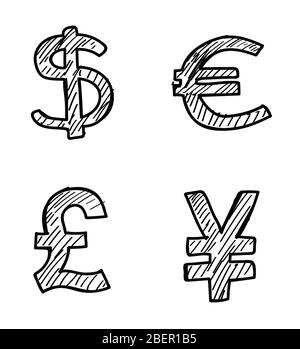 Money currencies doodle sketches. Dollar, euro, pound and yen. Vector. Stock Vector