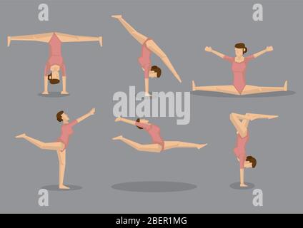 Set of six cartoon woman with great flexibility doing floor gymnastic exercises. Vector icons isolated on grey background Stock Vector