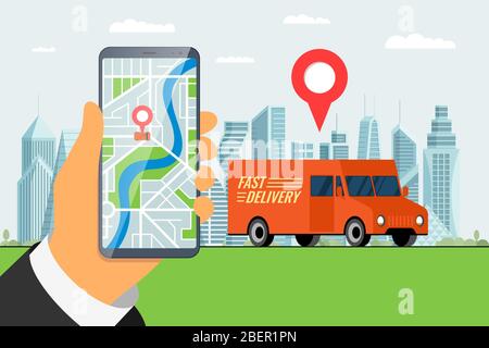 Fast delivery lorry truck ordering service app concept. Hand holding smartphone with geotag gps location pin arrival address on city street and express cargo shipping. Online application flat vector Stock Vector